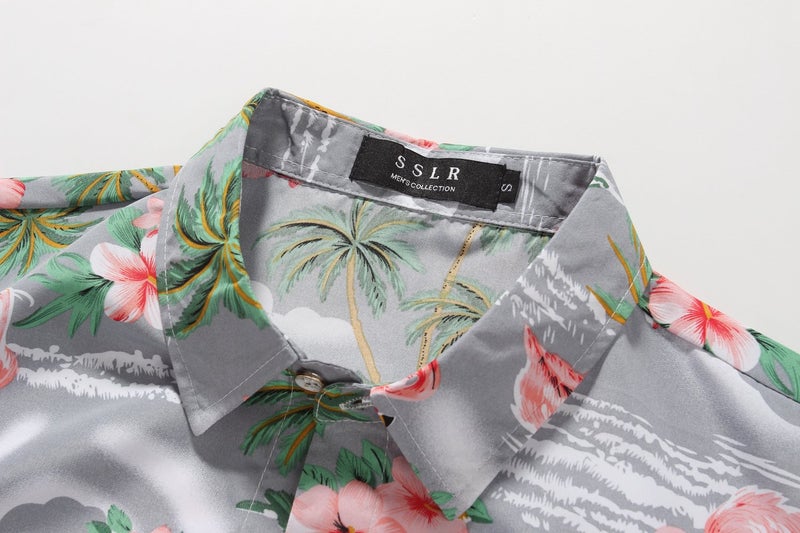 SSLR Mens Hawaiian Shirt Flamingos Casual Short Sleeve Button Down Shirts Aloha Shirt (Large, Light Grey) - Image 3